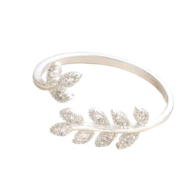 Adjustable Sterling Silver Crystal Fern Leaf Ring