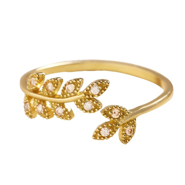 Adjustable Sterling Silver Crystal Fern Leaf Ring in Gold