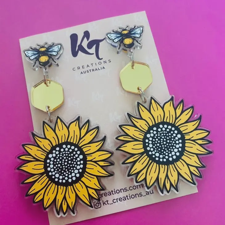 Sunflower Honey Bee Printed Acrylic Dangle Earrings