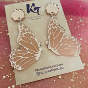 Rose Gold Butterfly Wing Acrylic Dangle Earrings With Flower Topper