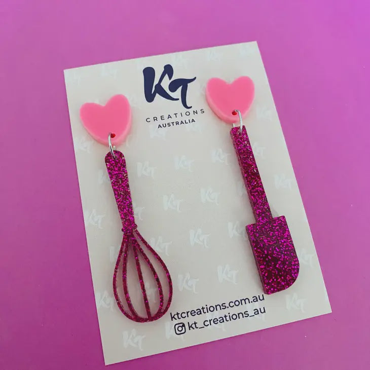 Pink Glitter Whisk & Spatula Cooking Acrylic Earrings
