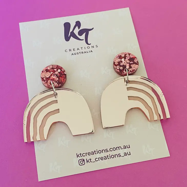 Rose Gold Mirror Rainbow Stripe Acrylic Dangle Earrings