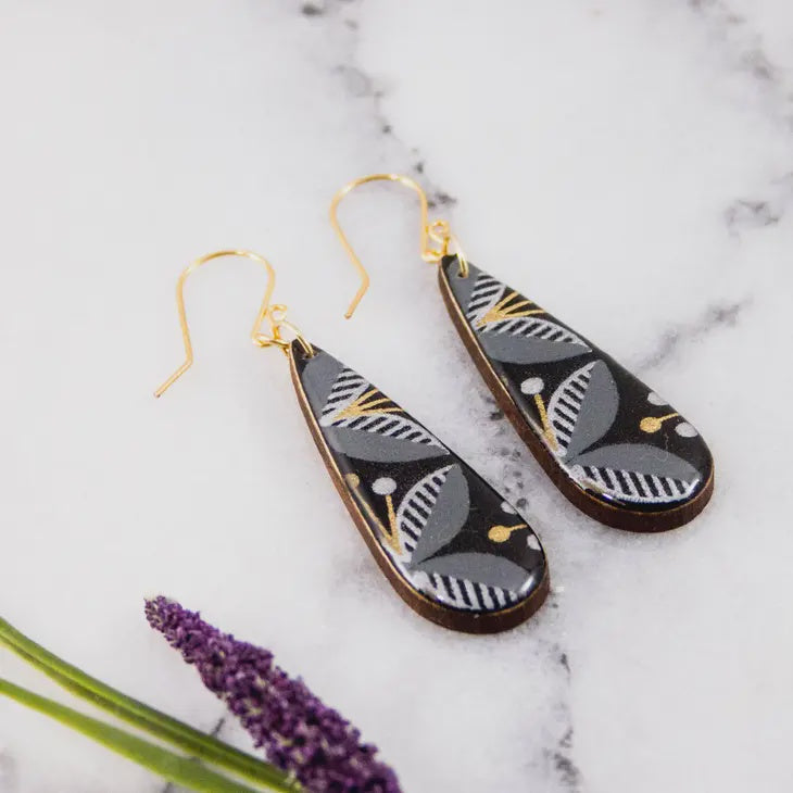 Teardrop Earrings - Black & Gold Mod Floral