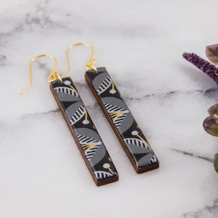 Bar Drop Earrings - Black & Gold Modern Floral