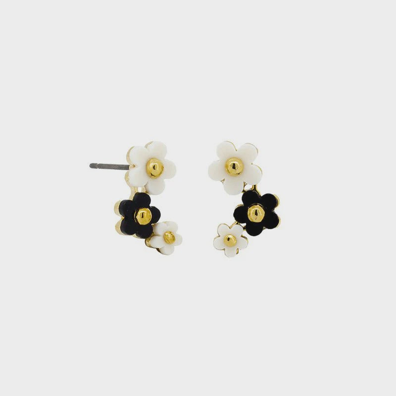 Trio Daisy Stud Earrings, Black & White  - Gold