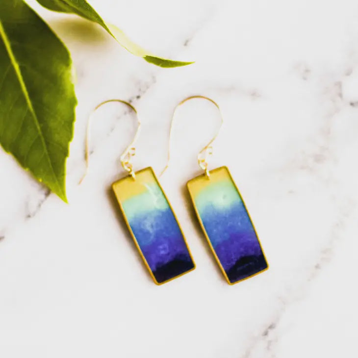 Brass Frame Rectangle Drop Earrings - Lagoon