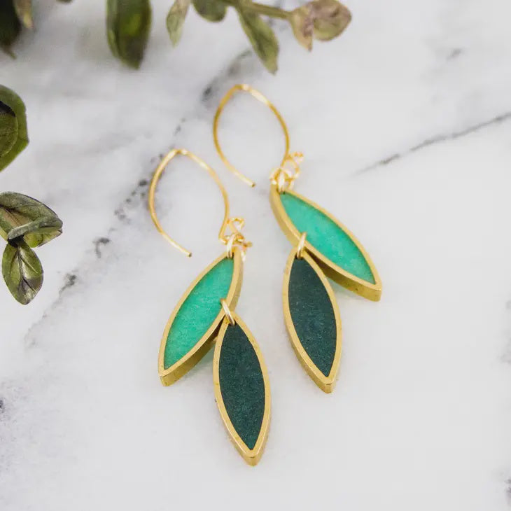 Brass Leaf Drop Earrings - Spring Green