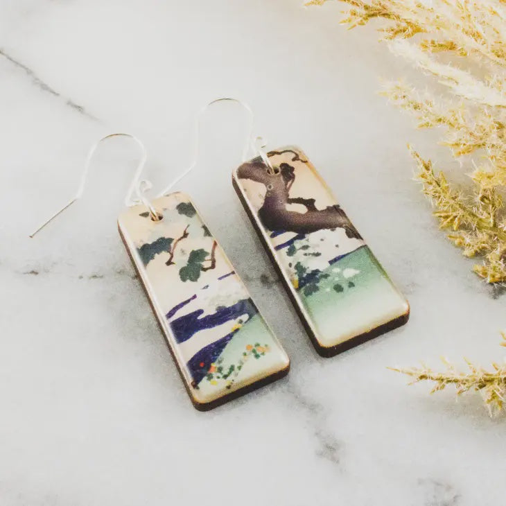 Tapered Rectangle Drop Earrings - Vintage Japanese Landscape