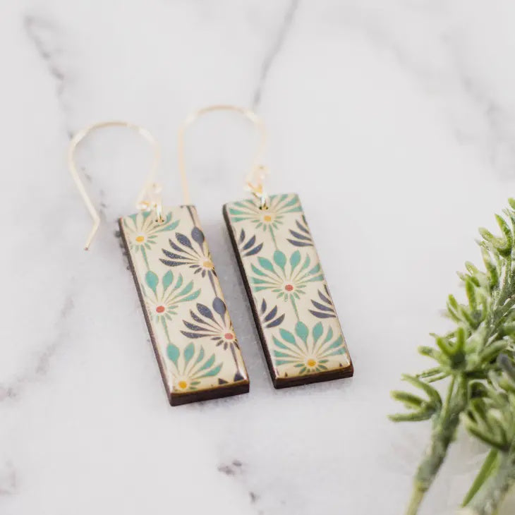 Rectangle Drop Earrings - Blue & Turquoise Italian Floral