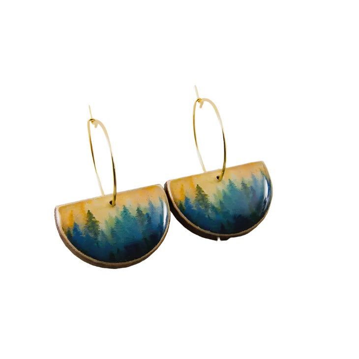 Drop Hoop Earrings - Watercolour Forest