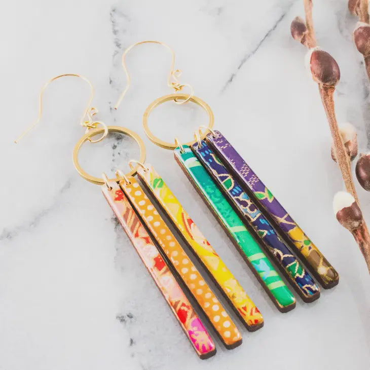 Japanese Collage Fringe Earrings - Rainbow