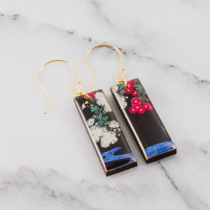 Rectangle Drop Earrings - Black Japanese Daisy Art
