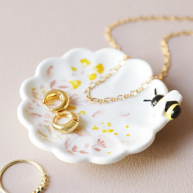 Dusky Pink Floral Bee Ceramic Trinket Dish