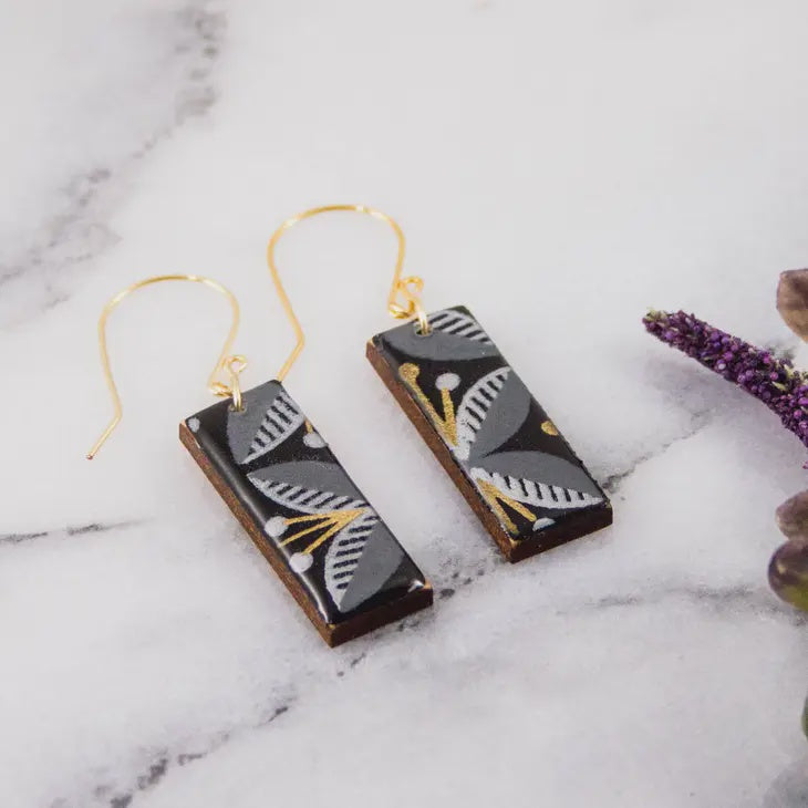 Rectangle Drop Earrings - Black & Gold Modern Floral