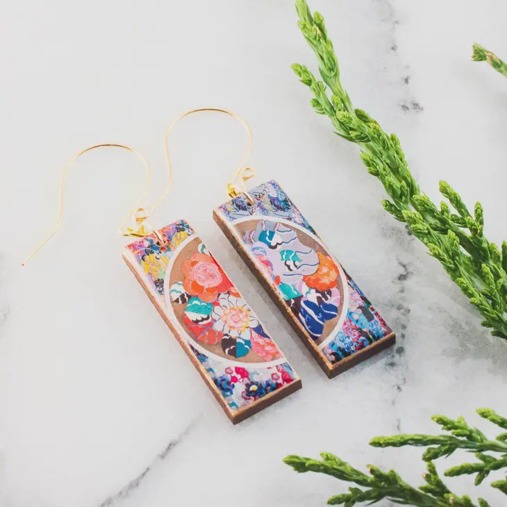 Rectangle Drop Earrings - Mid Century Flower Panel