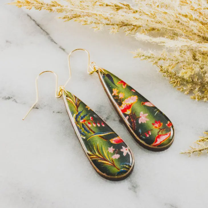 Teardrop Earrings - Retro Green Floral Vine
