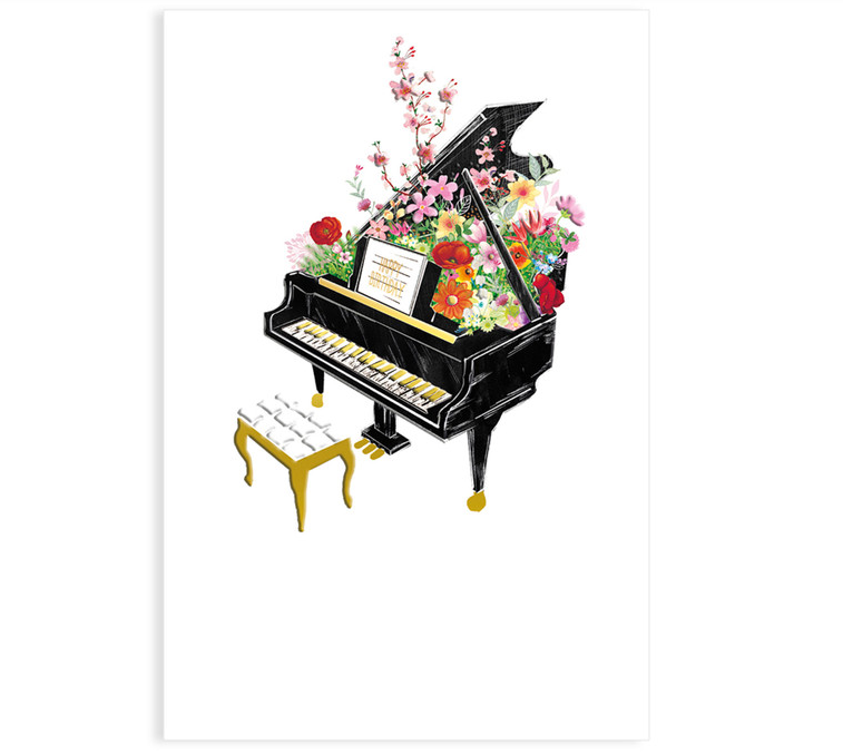 Gold Foil Happy Birthday Piano & Flowers Card