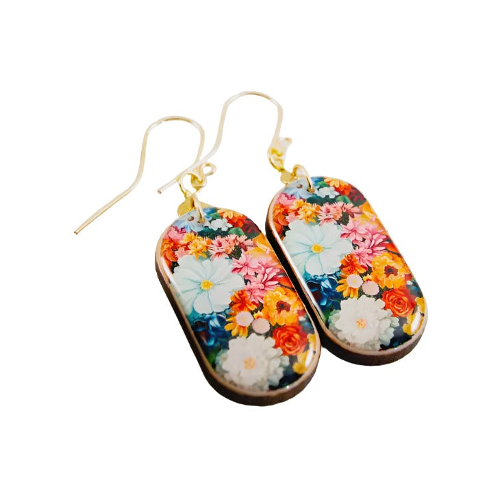 Oblong Drop Earrings - Bright Flower Bouquet