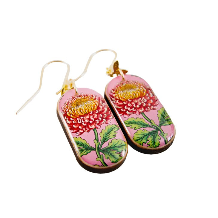 Oblong Drop Earrings - Pink Chrysanthemum Flower