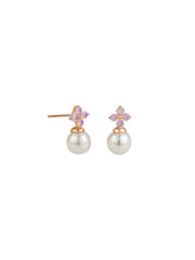 Crystal Flower & Pearl Stud Earrings - Rose Gold