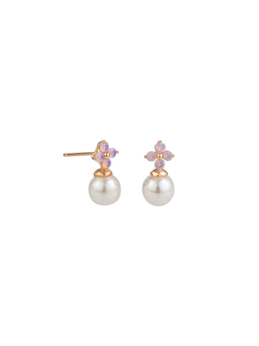 Crystal Flower & Pearl Stud Earrings - Rose Gold