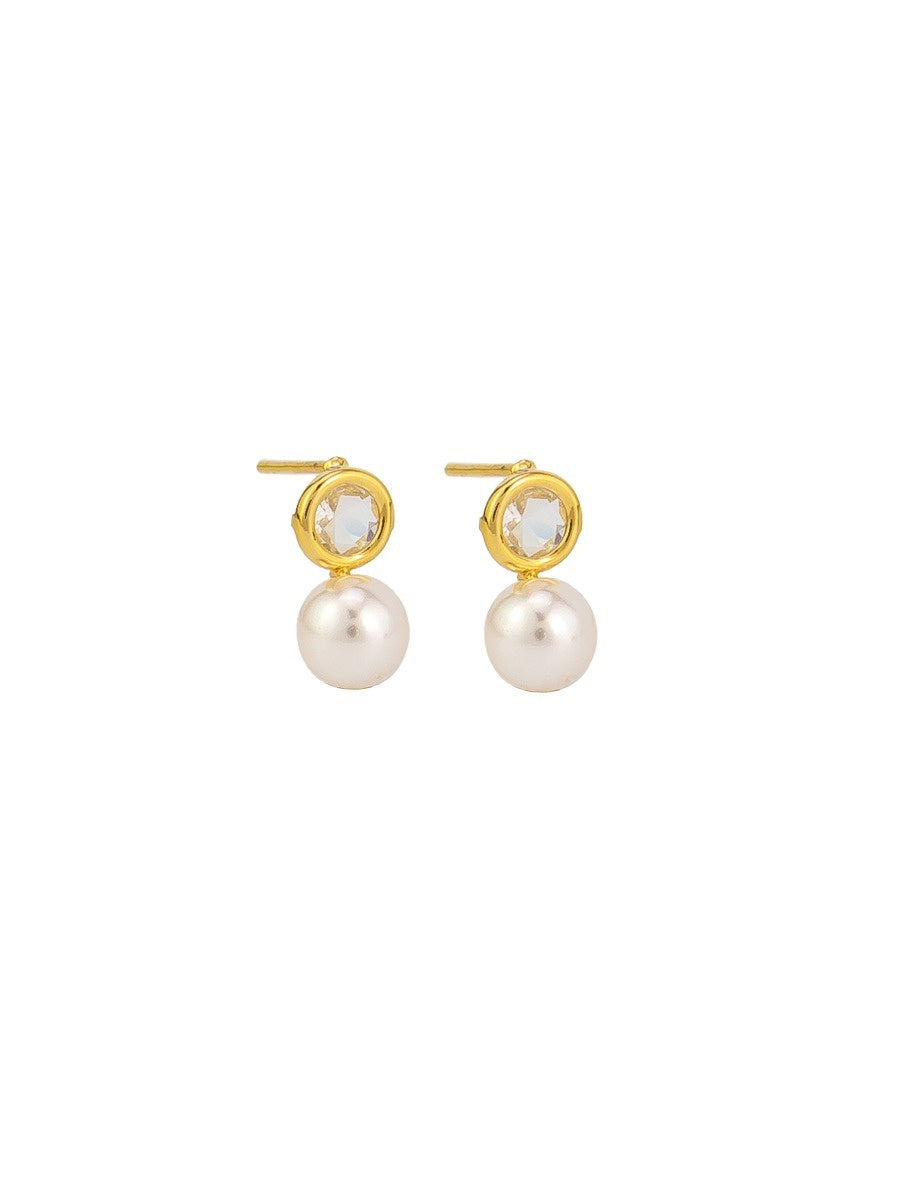 Bezel Set Crystal & Pearl Stud Earrings - Gold