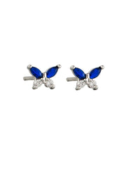 Tiny Crystal Butterfly Stud Earrings, Sapphire - Silver