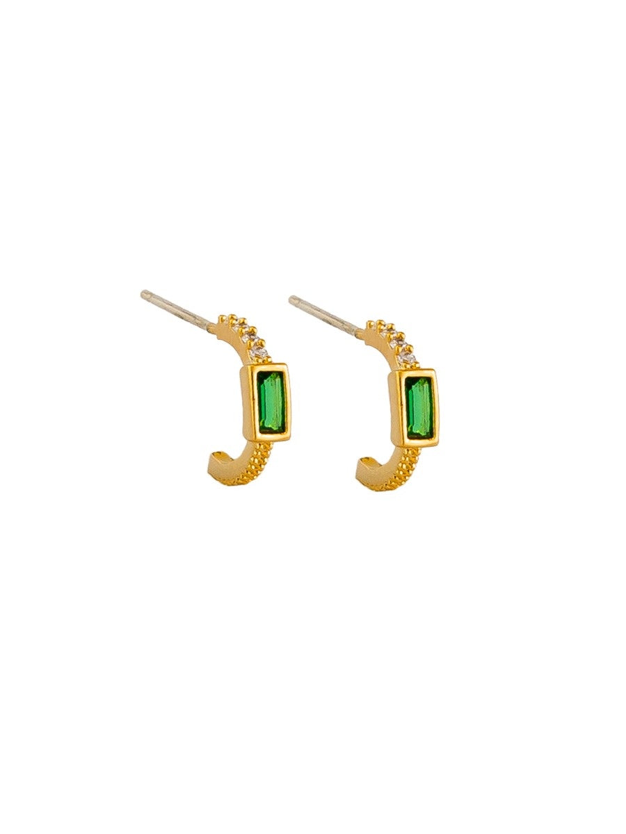 Baguette Crystal Stud Earrings, Emerald - Gold