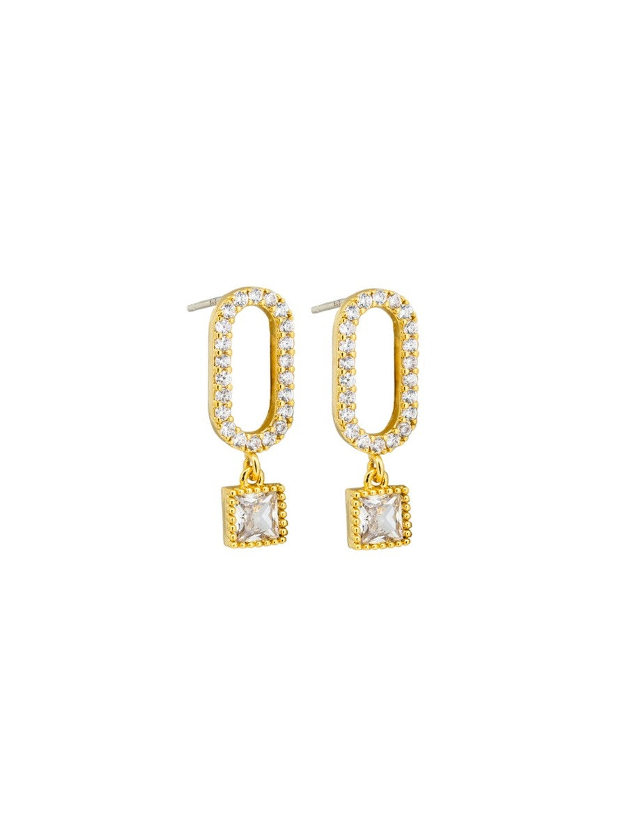 Oval Crystal Drop Stud Earrings - Gold