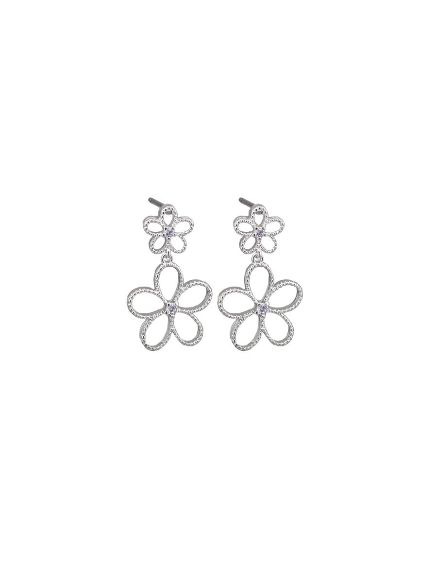 Floral Duo Drop Stud Earrings - Silver