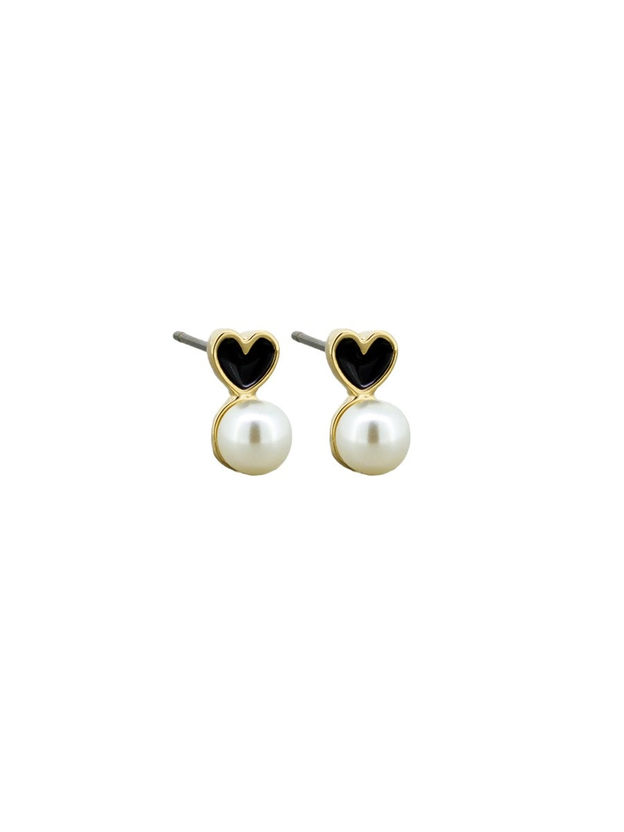 Enamel Heart & Pearl Stud Earrings, Black - Gold