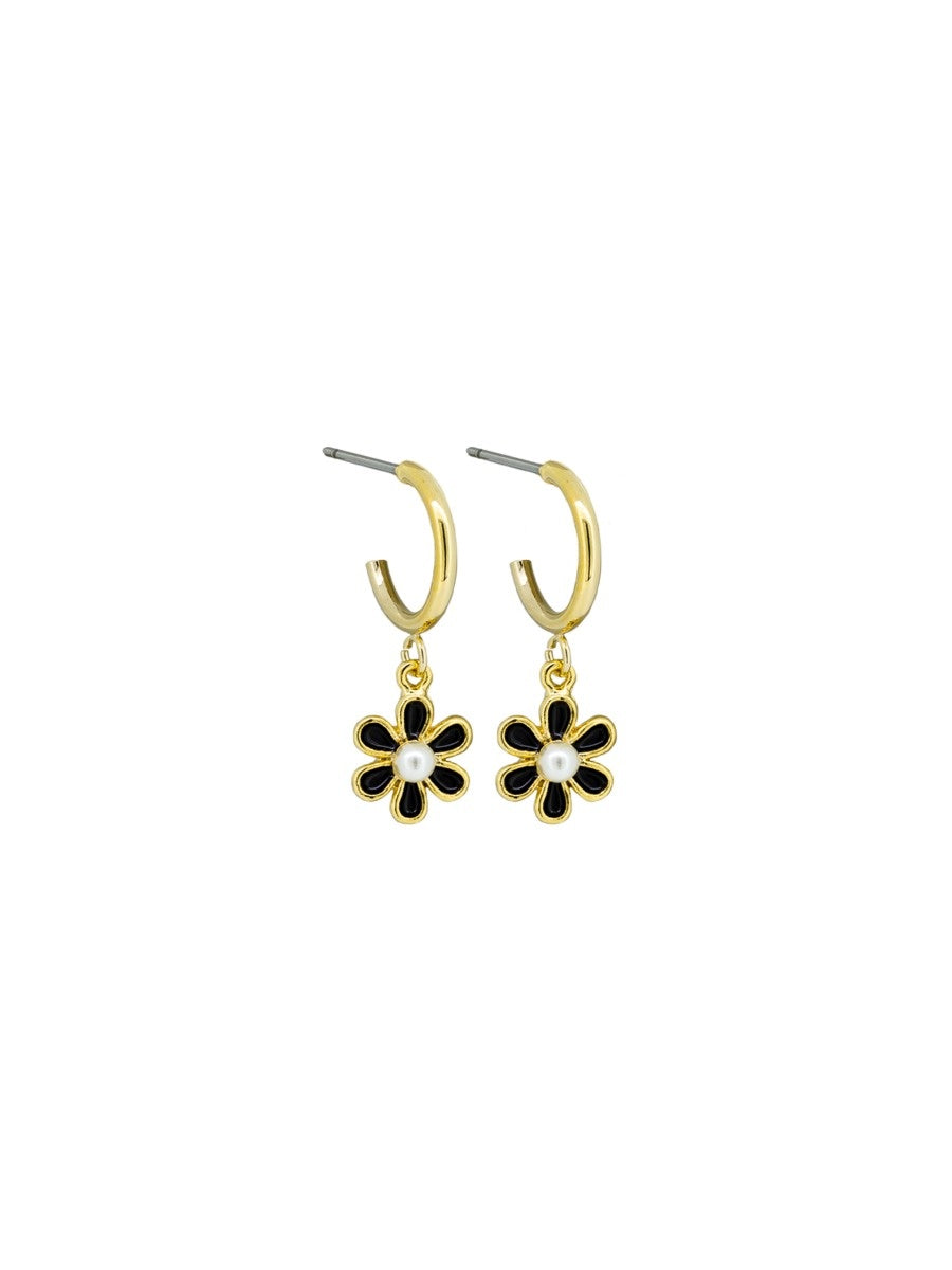 Hanging Flower Drop Stud Earrings, Black - Gold