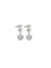 Triple Heart Crystal Drop Stud Earrings - Silver