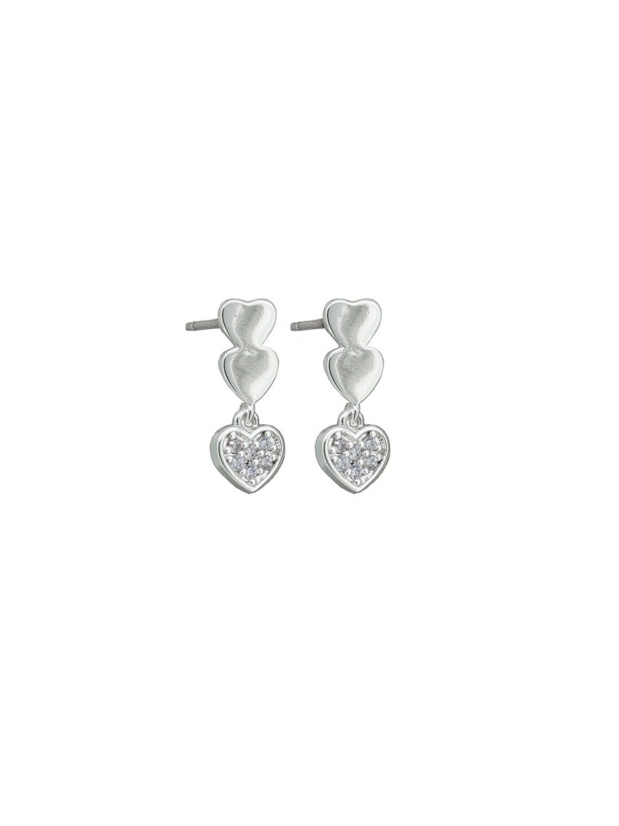 Triple Heart Crystal Drop Stud Earrings - Silver