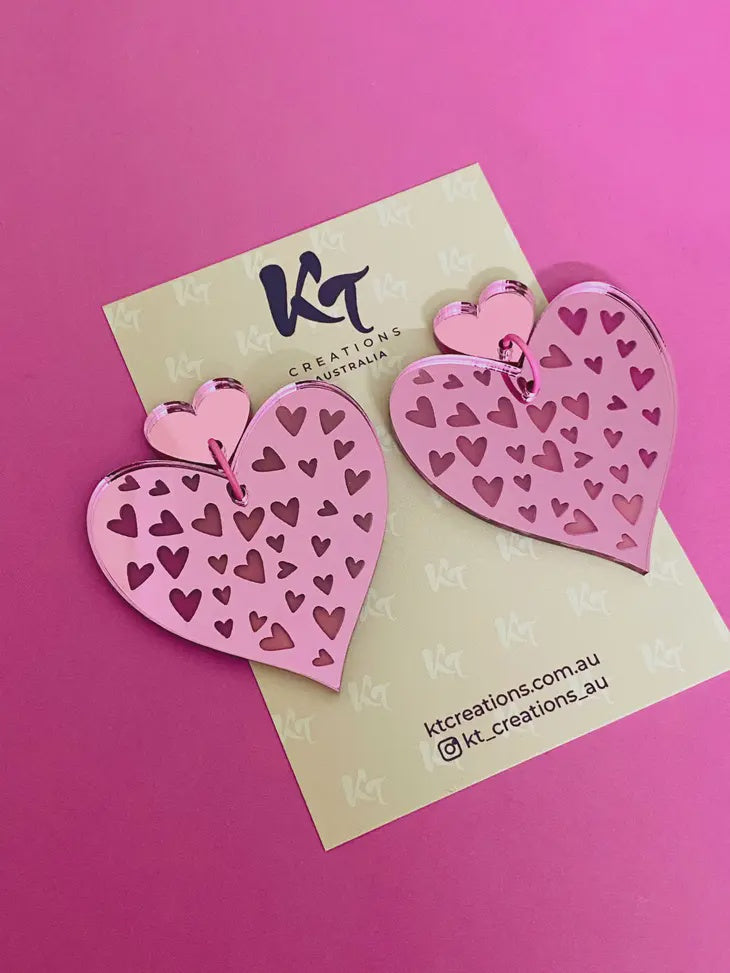 Hearts Galore Mirrored Pink Heart Acrylic Earrings