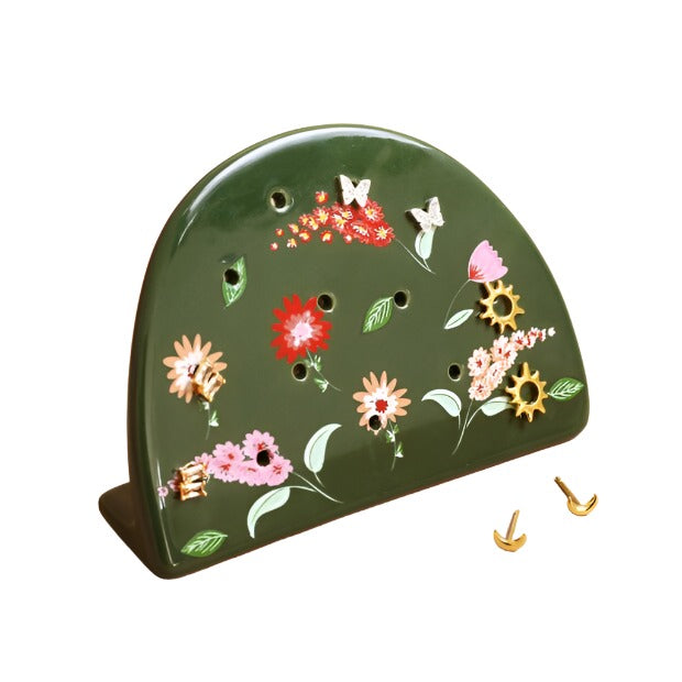 Ceramic Earring Holder - Forest Green Flower