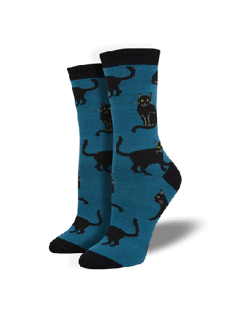 Ladies Bamboo Socks - Black Cat Blue