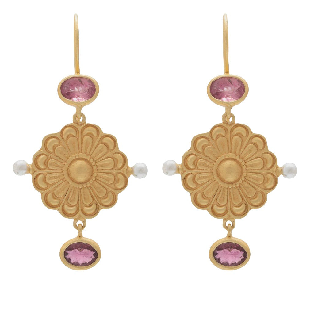 Gold Plate Berber Earrings with Faceted Pink Tourmaline & Pearl