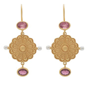 Gold Plate Berber Earrings with Faceted Pink Tourmaline & Pearl