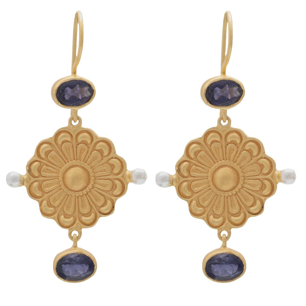 Gold Plate Berber Earrings with faceted Lolite & Pearl
