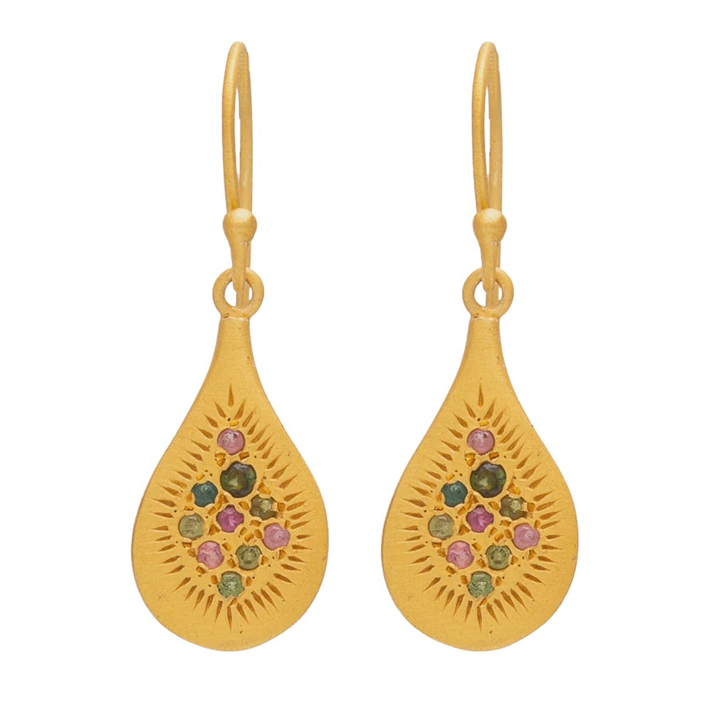 Gold Plate Tear Drop Merzouga Earrings with Multi Tourmaline
